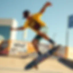 Dynamic action shot of a skateboarder in graphic spandex shorts performing a trick
