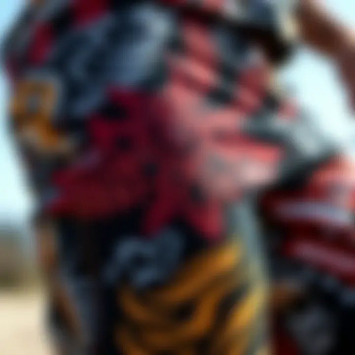 Close-up of the intricate designs on a pair of graphic spandex shorts