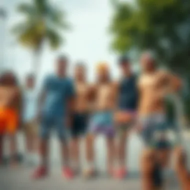 Group of skateboarders showcasing diverse styles of graphic spandex shorts