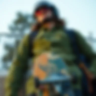Stylish combination of green corduroy shirt with skateboarding gear.
