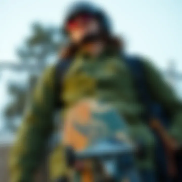 Stylish combination of green corduroy shirt with skateboarding gear.