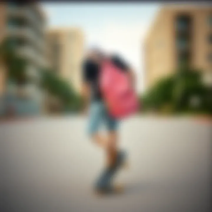 Skateboarder incorporating Hershel pink bag into their outfit