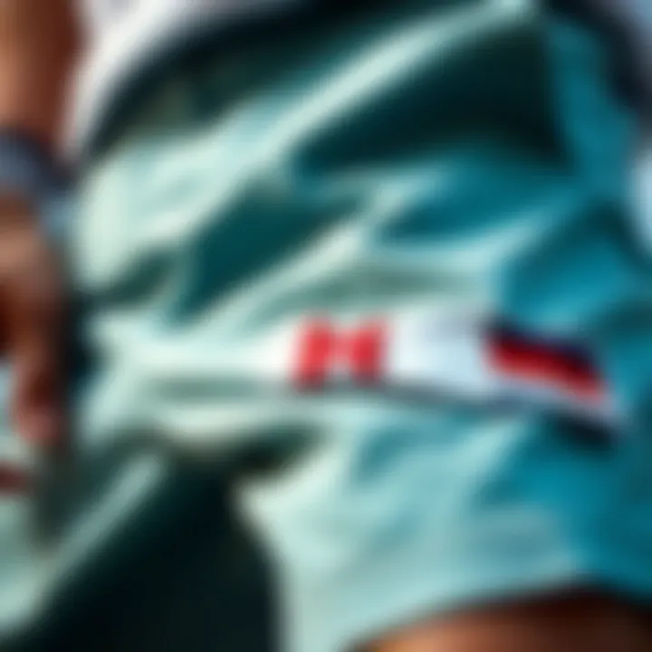 A close-up of Hilfiger shorts emphasizing fabric texture and design details