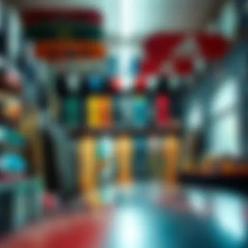 A vibrant local skateboard shop showcasing a variety of skateboard decks and accessories.