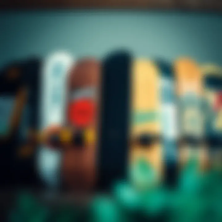Diverse Skateboard Designs A collection of skateboards arranged artistically, highlighting their unique designs and brands.