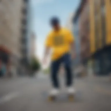 A vibrant navy blue and yellow graphic tee displayed against an urban backdrop