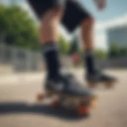 Dynamic shot of skateboarders showcasing Nike half socks in action.