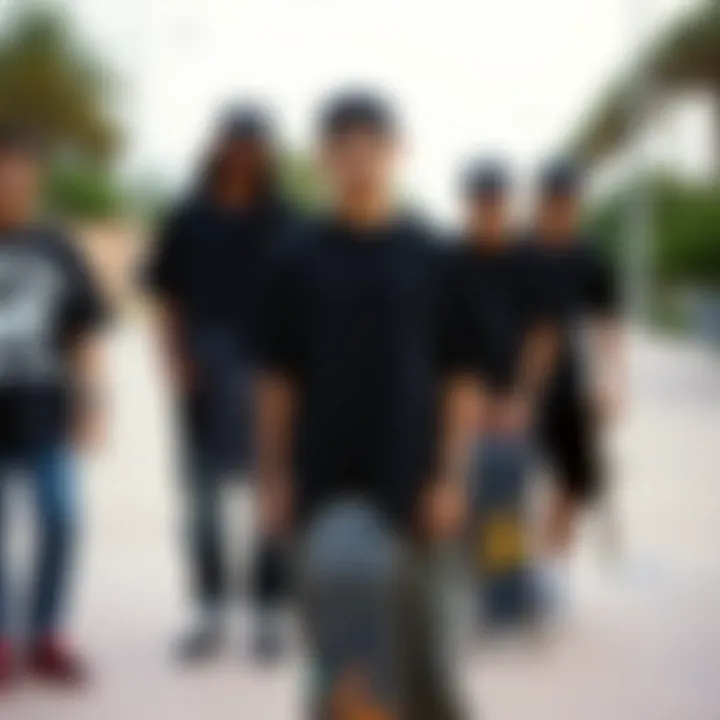 Oversized Black Tee in Skateboarding Culture A group of skateboarders wearing oversized black tee shirts, highlighting its cultural significance.