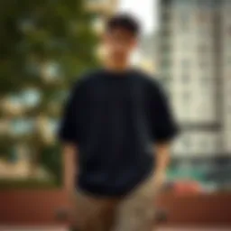 A stylish oversized black tee shirt paired with casual shorts in an urban setting.