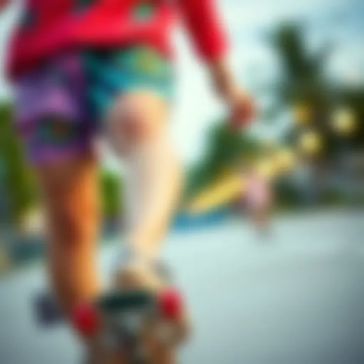 Skateboarder wearing vibrant patterned shorts