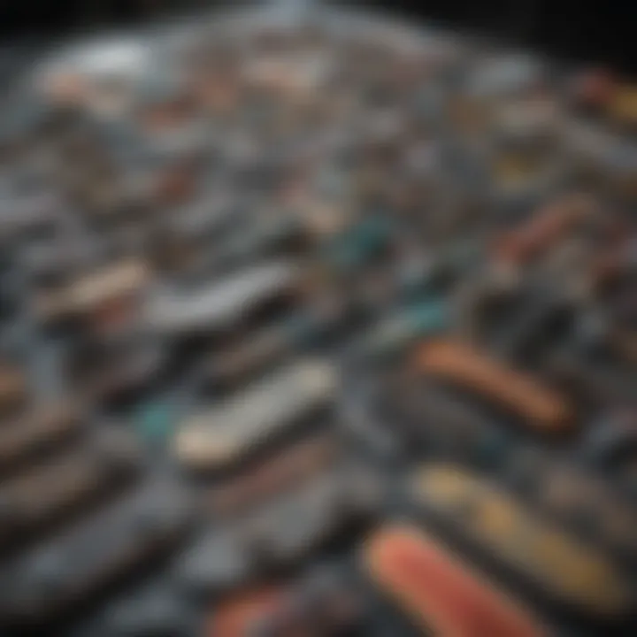 Array of skateboard parts laid out for selection