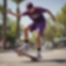 Skater performing a trick while wearing purple sweat shorts