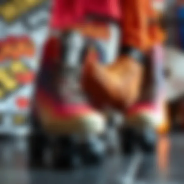 A collection of Rainbow Flame Heelys against a backdrop of skate culture elements.