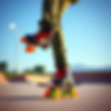 A skater performing tricks in Rainbow Flame Heelys, highlighting their functional use.