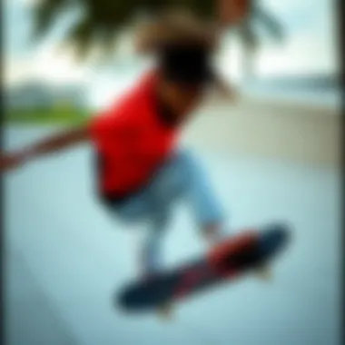 Dynamic Movement: The Crop Top in Action A skateboarder showcasing a red and black crop top during a trick