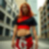 A vibrant red and black crop top displayed against an urban backdrop