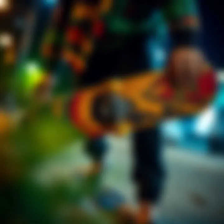 Reggae Influence on Skateboard Art Skateboard decorated with reggae-inspired artwork and Bob Marley imagery