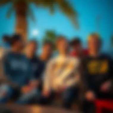 Group of friends relaxing in RVCA sweatshirts, embodying skate culture lifestyle