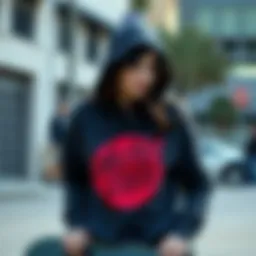A woman wearing a stylish Santa Cruz hoodie while skateboarding in an urban setting.