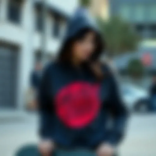A woman wearing a stylish Santa Cruz hoodie while skateboarding in an urban setting.