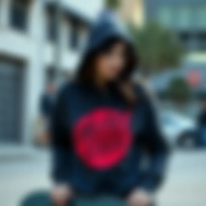 A woman wearing a stylish Santa Cruz hoodie while skateboarding in an urban setting.