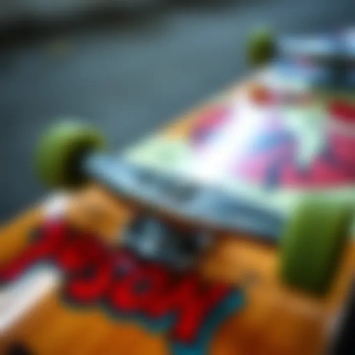 Close-up view of a skateboard deck featuring unique Simpson graphics and design details
