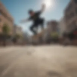 A skateboarder performing a trick on a vibrant urban backdrop