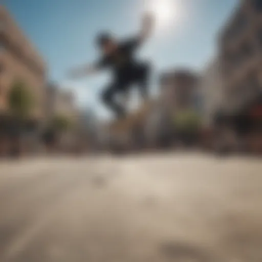 A skateboarder performing a trick on a vibrant urban backdrop