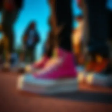 Group of skaters gathered, highlighting Converse platform sneakers in their outfits