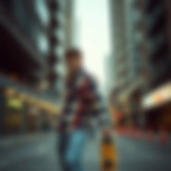 A skateboarder wearing a checked button-up shirt in an urban setting