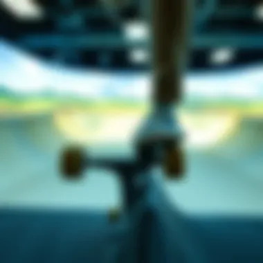 A close-up of a skateboard executing a trick in a simulator