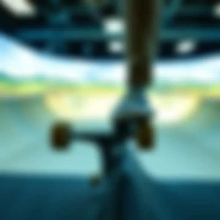 A close-up of a skateboard executing a trick in a simulator