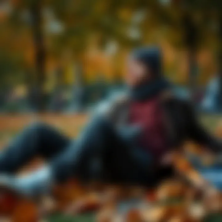 A cozy scene of a skateboarder relaxing in a park, wearing a beanie and surrounded by autumn leaves.
