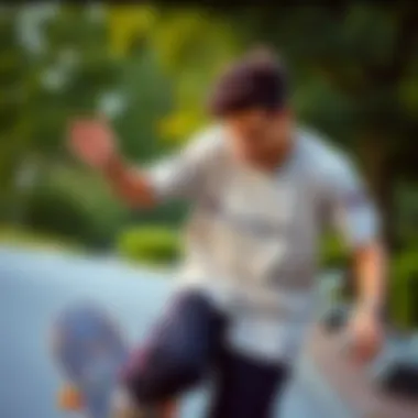 Influential skateboarder wearing a Champion shirt during a trick