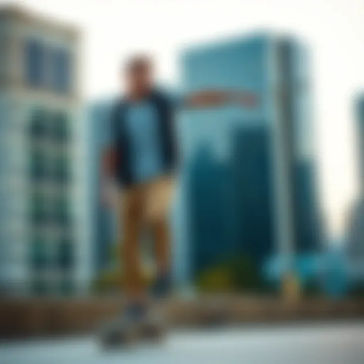 Versatile Lifestyle A skateboarder cruising through the cityscape, highlighting the versatility of khaki pants in everyday life.