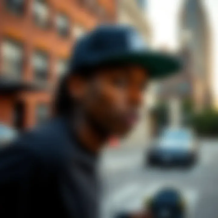 Urban Skateboarder with DC New Era Hat Skateboarder wearing the DC New Era hat in urban environment