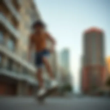Skateboarder performing tricks wearing Hilfiger shorts in an urban setting