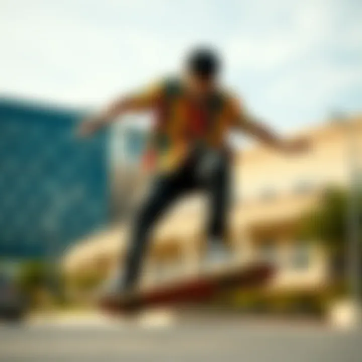 A skateboarder wearing a colorful loud shirt performing a trick in an urban setting