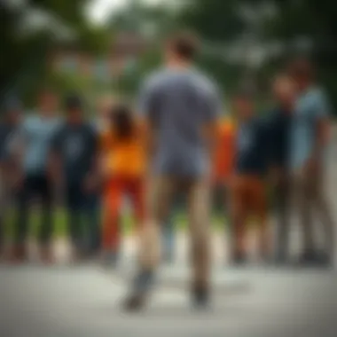 Community Style A group of skateboarders gathered, each wearing different styles of elastic ankle khaki pants.