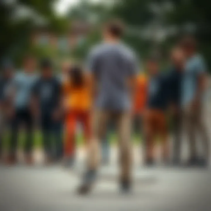 Community Style A group of skateboarders gathered, each wearing different styles of elastic ankle khaki pants.