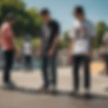 A close-up of skateboarders wearing JDM-themed apparel at a skate park.