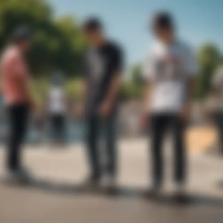 A close-up of skateboarders wearing JDM-themed apparel at a skate park.