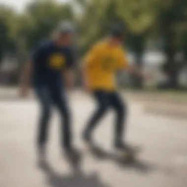 Skateboarding in Style: Navy Blue and Yellow Tees in Action Skateboarders wearing navy blue and yellow graphic tees in action