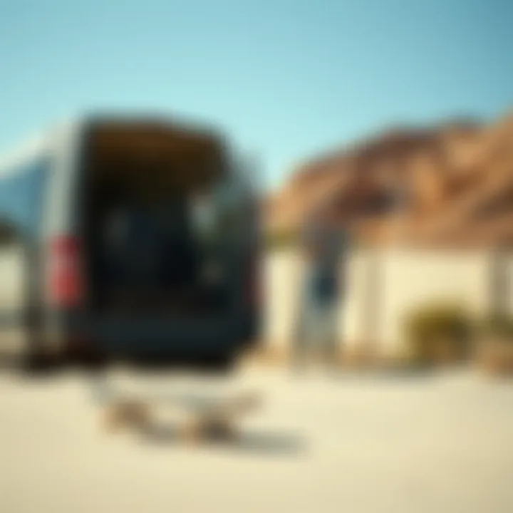 Traveling to New Spots in Style Skateboarders using a large van to travel to a skate spot.