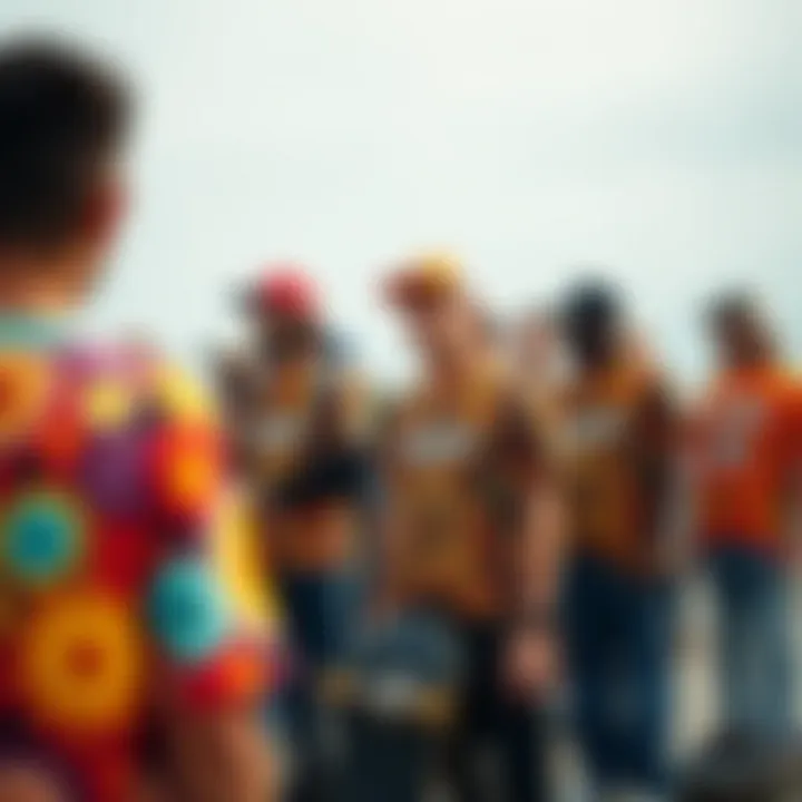 A group of skateboarders gathered, all sporting distinct loud shirts, reflecting community and individuality