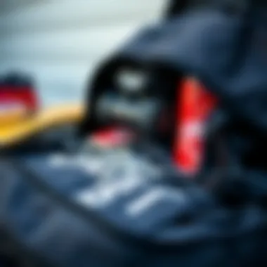 Efficient Packing of Skate Gear A close-up of skateboard gear neatly packed in a backpack.