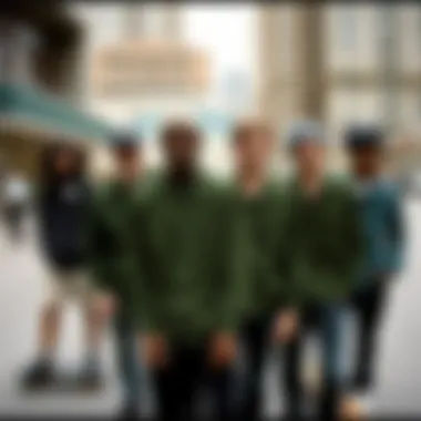 A group of skaters wearing green corduroy button-up shirts in an urban setting.