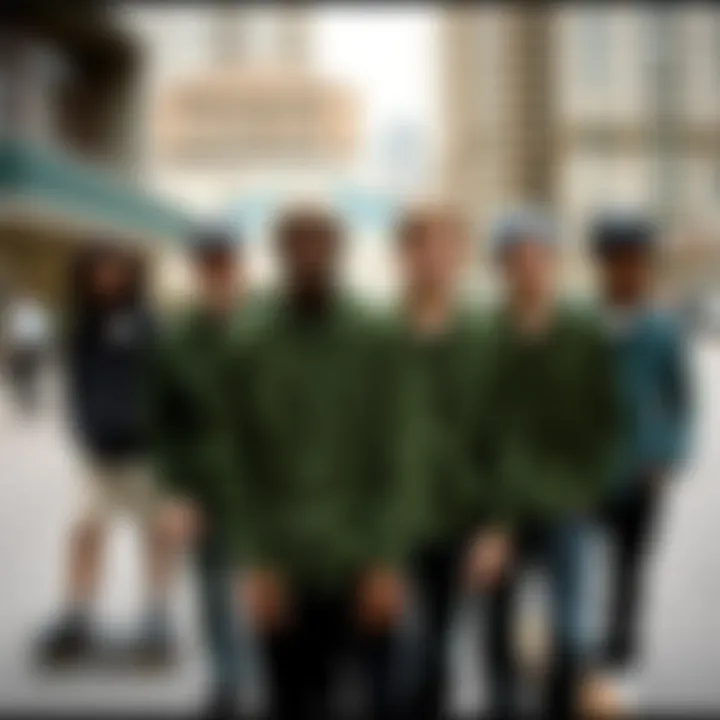 A group of skaters wearing green corduroy button-up shirts in an urban setting.