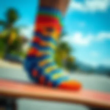 Colorful Stance socks displayed on a skateboard