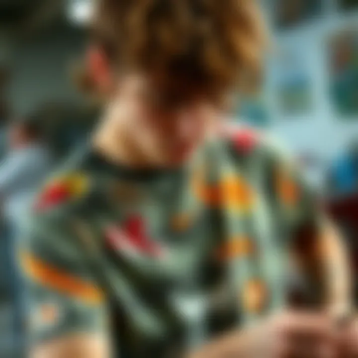 An artistic shot of a teenager customizing a t-shirt with unique patterns and colors, showcasing creativity.